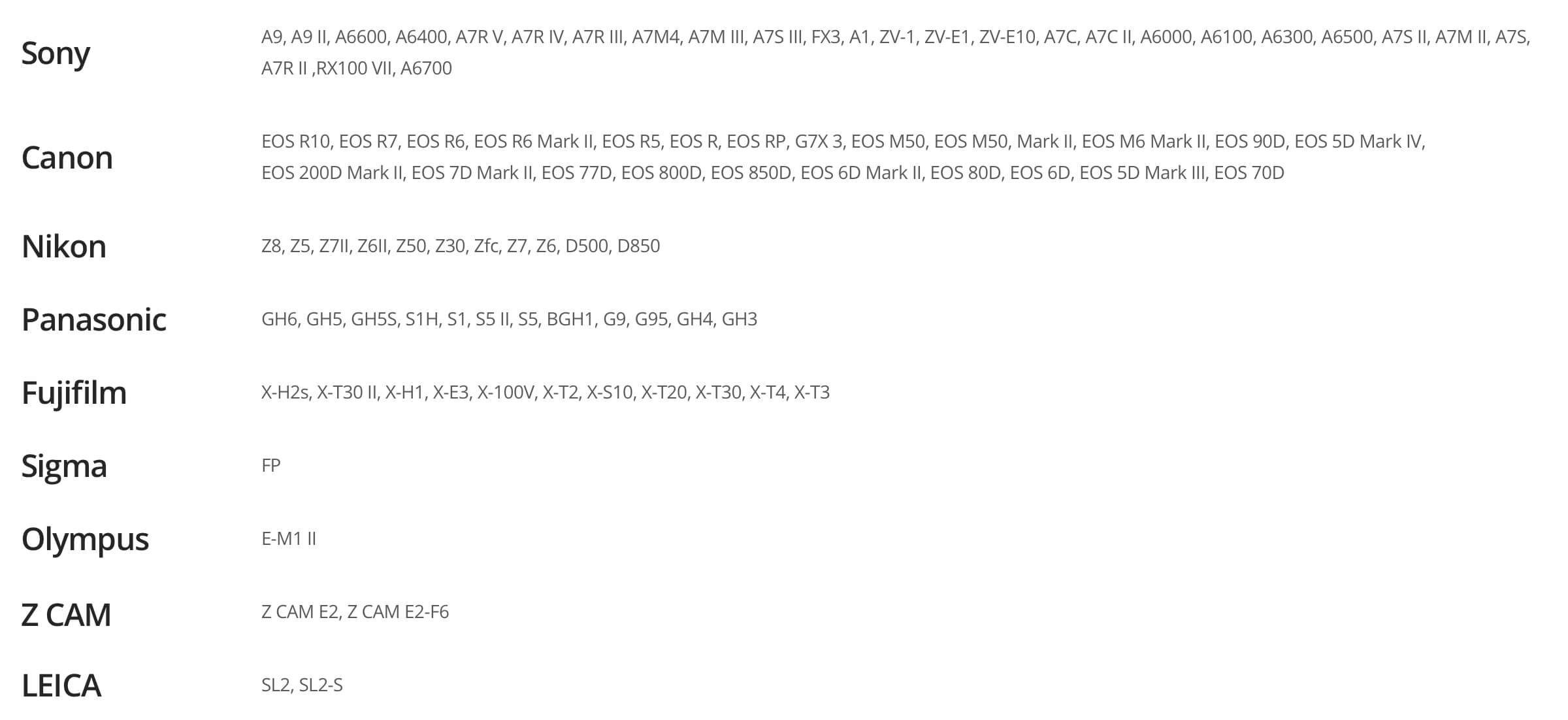 Camera Compatibility List