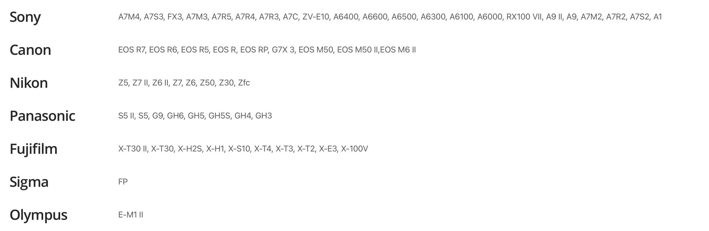 Camera Compatibility List