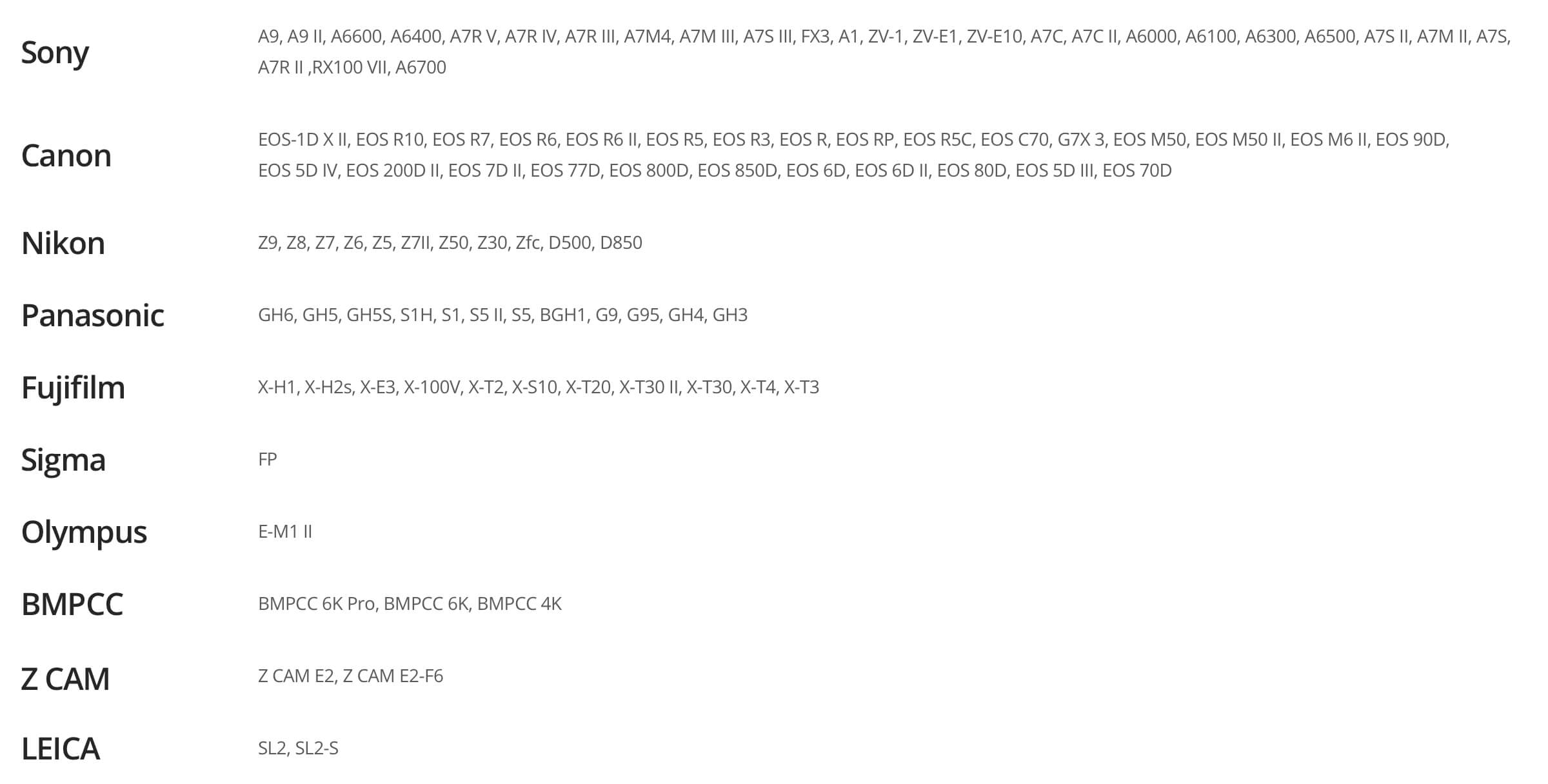 Camera Compatibility List