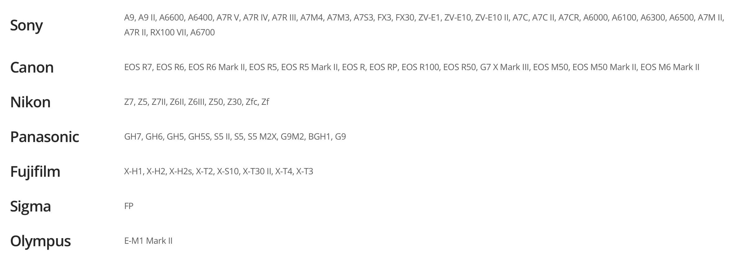 Camera Compatibility List